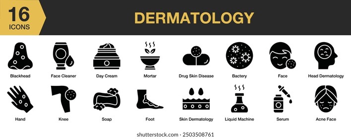 Dermatology Glyph icon set. Includes face cleaner, face, foot, hand, knee, mortar, serum, and More. Solid icons vector collection.