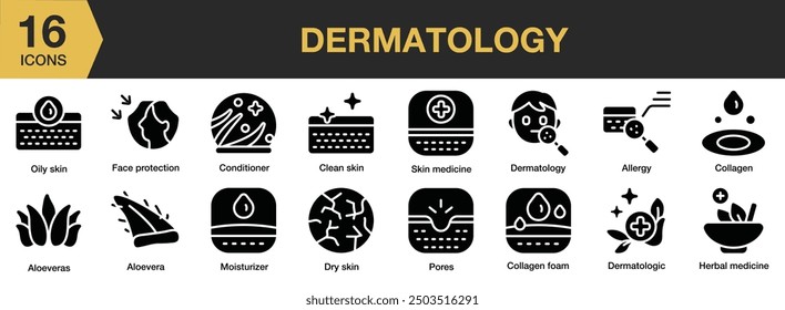 Dermatology Glyph icon set. Includes allergy, aloevera, clean skin, collagen, conditioner, and More. Solid icons vector collection.