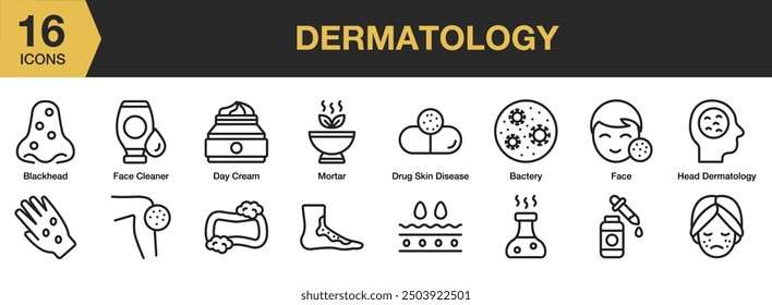 Dermatology icon set. Includes dermatology, dry skin, face protection, moisturizer, pores, and More. Outline icons vector collection.