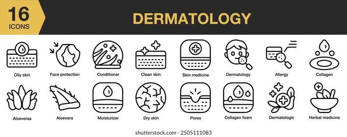 Symbolsatz für die Dermatologie. Umfasst Dermatologie, trockene Haut, Gesichtsschutz, Feuchtigkeitsspender, Poren und mehr. Gliederungssymbole, Vektorsammlung