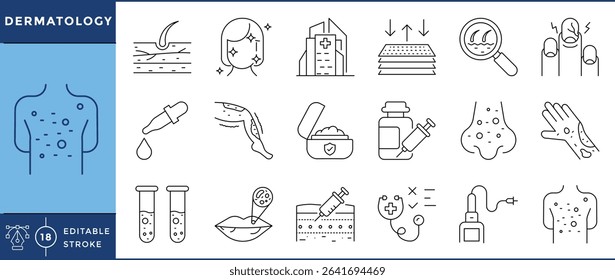 Dermatology icons set. 18 line icons. Vector editable stroke. Skin, hair, care, medical, pain, allergy, treatment.