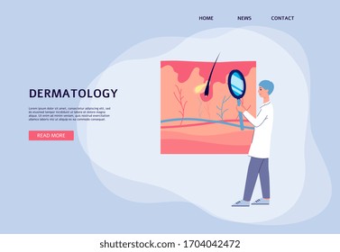 Dermatology landing page banner - skin care medical professional looking at epidermis with inflammation in magnifying glass. Cartoon dermatologist man - flat vector illustration.