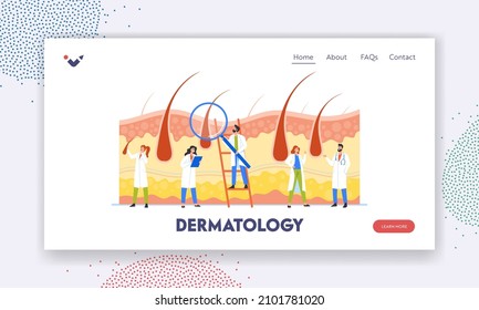 Dermatology Landing Page Template. Consultation with Trichologist. Tiny Doctors Dermatologist or Cosmetologist Examine Hair Perform Medical Dermatoscopy Procedure. Cartoon People Vector Illustration