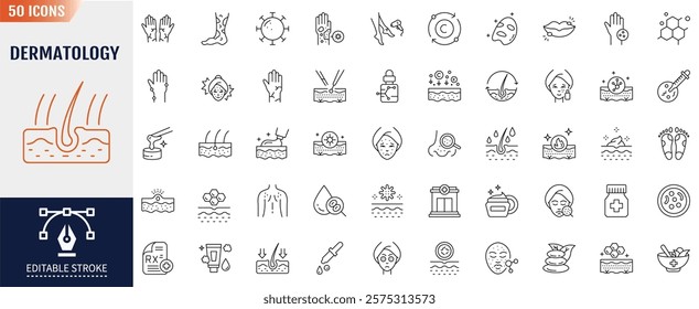 Dermatology line icon set. Editable stroke. Containing skin allergy, Atopic, itchy, Dry skin, Rash, Epidermis. cosmetology. Vector illustration