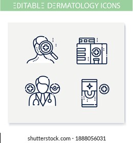 Dermatology line icons set. Skincare, cosmetology. Including dermatologist, clinic, app, dermatological disease treatment. Health and beauty concept. Isolated vector illustrations. Editable stroke 