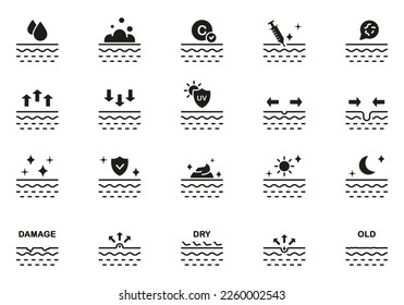 Dermatology Medical Skin Care Glyph Pictogram Set. Skincare Beauty Silhouette Icon. Facial Clean Moisture, UV Sunscreen Protect Black Icon. Isolated Vector Illustration.