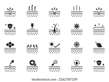 Dermatology Medical Skin Care Glyph Pictogram Set. Skincare Beauty Silhouette Icon. Facial Clean Moisture, UV Sunscreen Protect Black Icon. Isolated Vector Illustration.