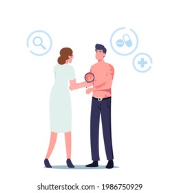 Dermatology Medicine Sickness Treatment, Health Care. Doctor Dermatologist Character Looking On Patient Body With Utricaria Rash Symptom. Inflammation, Skin Disease. Cartoon People Vector Illustration