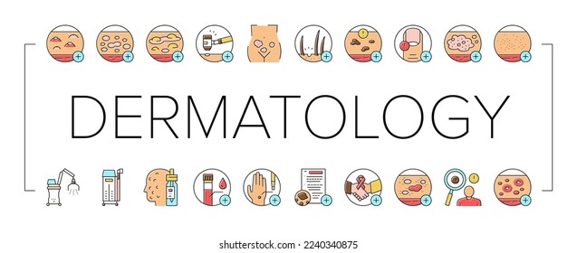 Dermatología Problema Colección Iconos Set Vector. Tratamiento Clínico De Enfermedades Dermatológicas Y Terapia Fotdinámica Psoriasis Y Pictogramas Lineales Conceptos Hospitalarios Acnicos. Ilustraciones de contorno