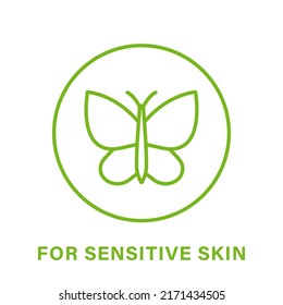 Dermatology for Sensitive Skin Line Green Icon. Tested for Hypoallergenic Type of Face Skin Outline Pictogram. Dermatologically Icon. Butterfly Symbol of Sensitive Skin. Isolated Vector Illustration.