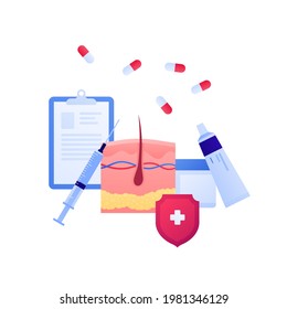 Dermatology and skin disease treatment concept. Vector flat medical illustration. Medicine, syringe, cream in tube sign. Red shield with white cross protection symbol. Design for healthcare, checkup
