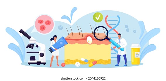 Dermatology. Skin Epidermis Scheme with Acne Inflammation, Varicella, Allergies or Cancer. Doctors with Medical Equipment Examining Red Spots, Pimples. Dermatologist Diagnosis Skin Disease