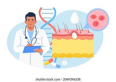 Dermatology. Skin Epidermis Scheme with Acne Inflammation, Varicella, Allergies or Cancer. Doctors Examining Red Spots, Pimples. Dermatologist Diagnosis Skin Disease. Vector illustration