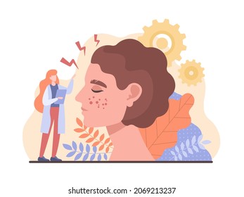 Dermatology and skin. Graphic elements for websites selling cosmetics. Taking care of your health. Girl conducts procedures for skin. Idea of beauty, research. Cartoon flat vector illustration