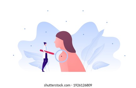 Dermatology And Skin Health Care Concept. Vector Flat Modern Illustration. Dermatologist Doctor Female Character Hold Magnifier Glass On Woman Patient Body. Mole, Cancer, Allergy Analysis Symbol.