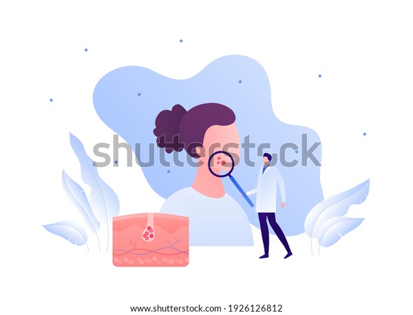 Dermatology and skin health care concept. Vector\
flat modern illustration. Dermatologist doctor male character hold\
magnifier glass on female patient head. Acne, cancer, allergy\
diagnosis symbol.