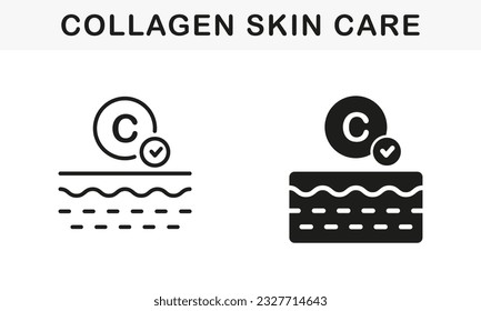 Dermatology Skincare Treatment and Collagen Symbol Collection. Collagen for Healthy Skin Line and Silhouette Black Icon Set. Moisture, Protect Skin Pictogram. Isolated Vector Illustration.