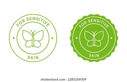 Dermatology Stamp Set For Sensitive Skin. Cosmetic Green Label For Sensitive Skin. Ingredient Label Sticker For Sensitive Skin. Isolated Vector Illustration.