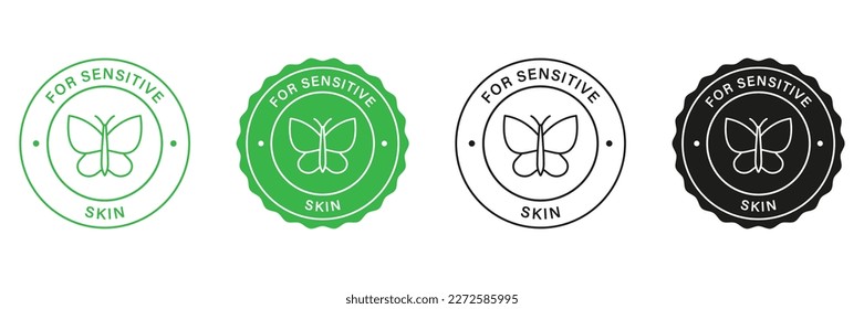 Dermatology Stamps Set For Sensitive Skin. Cosmetic Green and Black Labels. Natural Ingredients Symbol Sticker For Sensitive Skin. Isolated Vector Illustration.