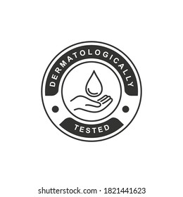 Etiqueta de icono vector probada de dermatología con gota de agua, mano con logo de agua. Prueba de dermatología e icono de clínica dermatológica, concepto de negocio etiqueta de producto seguro y libre de alergia y saludable