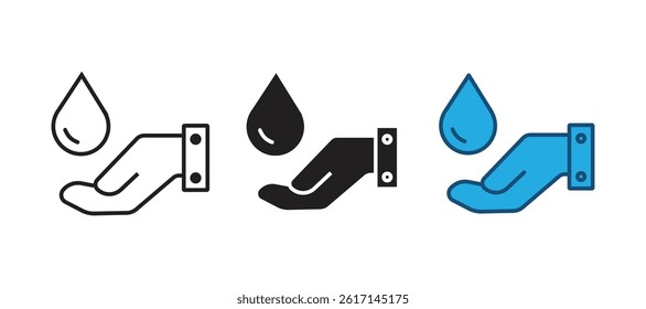 Dermatology tested vector icon in line style with water drop, hand with water logo.