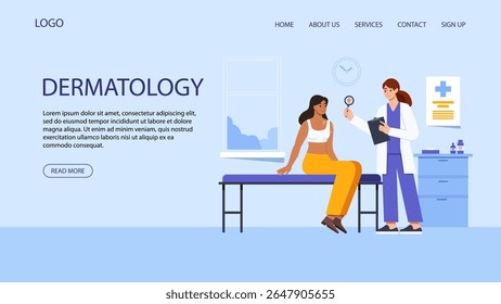 Dermatology Web Banner or Landing Page. Scene with Dermatologist Doctor with Magnifying Glass Diagnosing Skin Problem in Patient. Flat Vector Illustration.