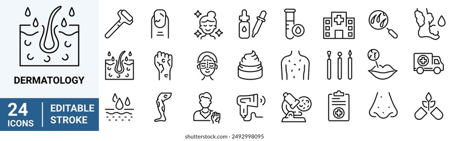 In: Dermatology Web Line Icons. Hautallergie. Atopisch, juckend, trockene Haut, Hautausschlag, Epidermis. Kosmetologie. Bearbeitbarer Strich.