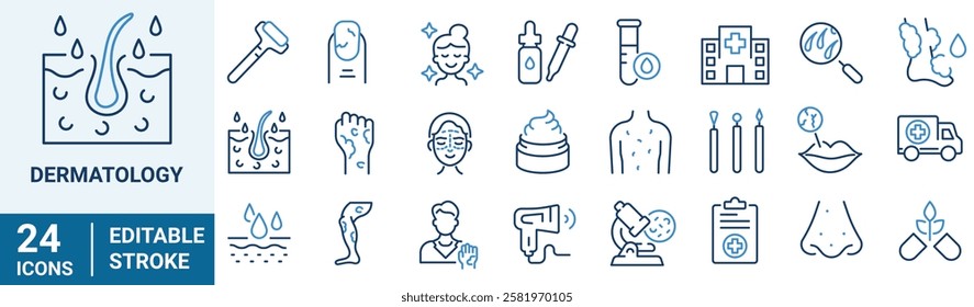 Dermatology web line icons. Skin allergy. Atopic, itchy, Dry skin, Rash, Epidermis. cosmetology. Editable stroke.