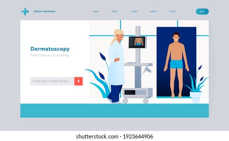 Dermatoscopy. Skin Cancer Screening. Medical Equipment. Medical Specialist Screening Patient on Birthmarks in Laboratory. Modern Flat Vector Illustration. Landing Page Design Template. Website Banner.
