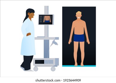 Dermatoscopy. Skin Cancer Screening. Medical Equipment. Afro American Female Medical Specialist Screening Male Patient on Birthmarks in Laboratory. Modern Flat Vector Illustration.