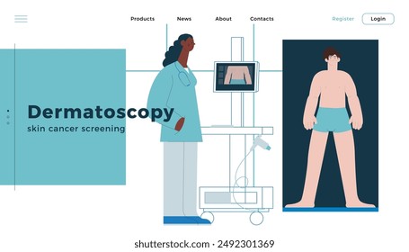 Dermatoscopy. Skin Cancer Screening. Medical Equipment. Medical Specialist Screening Patient on Birthmarks in Laboratory. Modern Flat Vector Illustration. Landing Page Design Template. Website Banner.