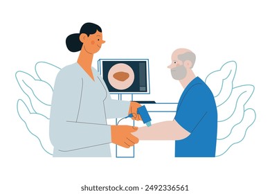 Dermatoscopy. Skin Cancer Screening. Medical Equipment. Medical Specialist Screening Patient on Birthmarks in Laboratory. Modern Flat Vector Illustration. Landing Page Design Template. Website Banner.