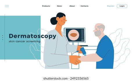 Dermatoscopy. Skin Cancer Screening. Medical Equipment. Medical Specialist Screening Patient on Birthmarks in Laboratory. Modern Flat Vector Illustration. Landing Page Design Template. Website Banner.