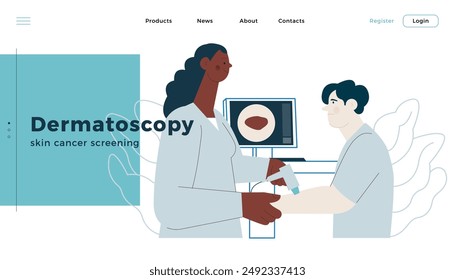 Dermatoscopy. Skin Cancer Screening. Medical Equipment. Medical Specialist Screening Patient on Birthmarks in Laboratory. Modern Flat Vector Illustration. Landing Page Design Template. Website Banner.