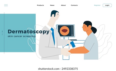 Dermatoscopy. Skin Cancer Screening. Medical Equipment. Medical Specialist Screening Patient on Birthmarks in Laboratory. Modern Flat Vector Illustration. Landing Page Design Template. Website Banner.