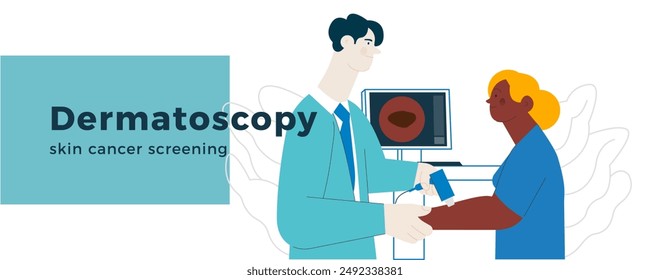 Dermatoscopy. Skin Cancer Screening. Medical Equipment. Medical Specialist Screening Patient on Birthmarks in Laboratory. Modern Flat Vector Illustration. Landing Page Design Template. Website Banner.