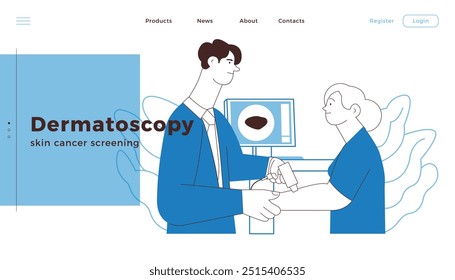 Dermatoscopy. Skin Cancer Screening. Medical Equipment. Medical Specialist Screening Patient on Birthmarks in Laboratory. Black and White Modern Flat Vector Illustration. Landing Page Design Template.