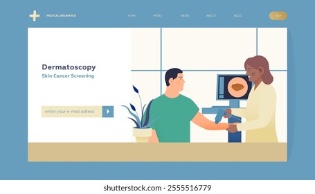 Dermatoscopy. Skin Cancer Screening. Medical Equipment. Medical Specialist Screening Patient on Birthmarks in Laboratory. Modern Flat Vector Illustration. Website Banner. Landing Page Design Template.