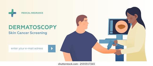 Dermatoscopy. Skin Cancer Screening. Medical Equipment. Medical Specialist Screening Male Patient on Birthmarks in Laboratory. Modern Flat Vector Illustration. Website Banner. Social Media Template.