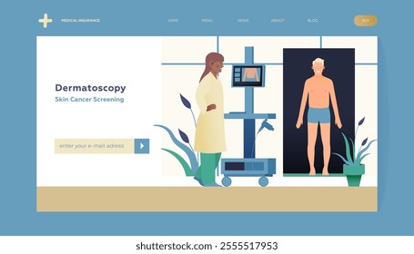 Dermatoscopy. Skin Cancer Screening. Medical Equipment. Medical Specialist Screening Patient on Birthmarks in Laboratory. Modern Flat Vector Illustration. Landing Page Design Template. Website Banner.