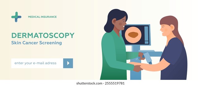 Dermatoscopy. Skin Cancer Screening. Medical Equipment. Medical Specialist Screening Female Patient on Birthmarks in Laboratory. Modern Flat Vector Illustration. Website Banner. Social Media Template.