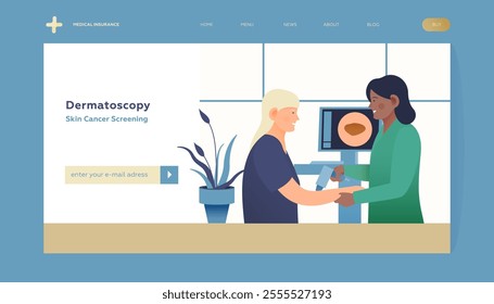 Dermatoscopy. Skin Cancer Screening. Medical Equipment. Medical Specialist Screening Patient on Birthmarks in Laboratory. Modern Flat Vector Illustration. Landing Page Design Template. Website Banner.