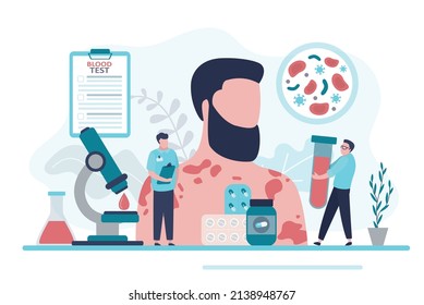 Dermatovenerologists Do Blood Test To Detect Venereal Diseases. Dermatovenerology. Patient With Exacerbated Skin Rash. Doctors Select Right Treatment For Man Based On Tests. Flat Vector Illustration