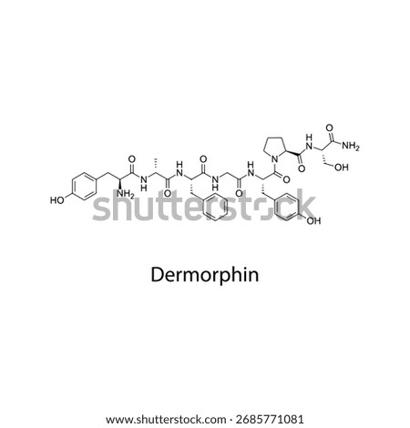 Dermorphin molecular structure, natural heptapeptide potent ?-opioid receptor agonist analgesic compound isolated from frog skin, clean scientific vector diagram, flat skeletal chemical formula 