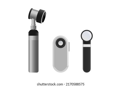 Dermoscope different designs isolated on white background. Medical device for skin disease diagnosis, mole, find the cause of cancer skin, tumor, or melanoma that call dermoscopy. 