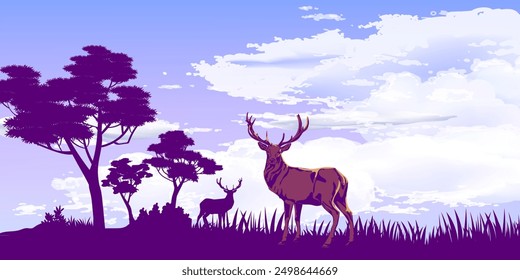 Derr, doe silhouette in nature forest landscape on background vector illustration. Wildlife animal scene collection.