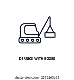 derrick with boxes outline icon.  Thin line icon from construction collection. Editable vector isolated on white background