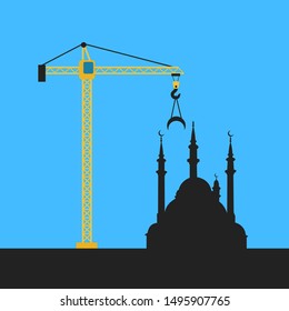 Derrick and crane is building a new mosque - construction site and religious building and prayer room for muslim and islamic worshipper. Vector illustration