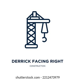 derrick facing right icon from construction collection. Thin linear derrick facing right, inclined, road outline icon isolated on white background. Line vector derrick facing right sign, symbol for 