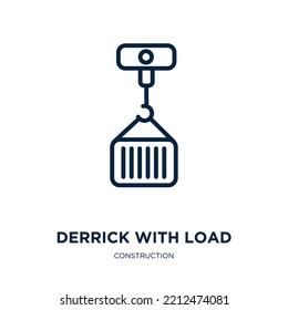 derrick with load icon from construction collection. Thin linear derrick with load, container, cargo outline icon isolated on white background. Line vector derrick with load sign, symbol for web and 